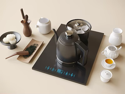 Modern Tea Set with Digital Display Tray Electric Kettle Teapot Tea Cups and Tea Leaves 3d model