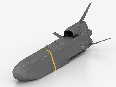 Gray Military Missile With Yellow Stripe Cylindrical Body And Tail Fins Design 3d model