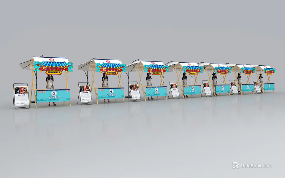 Outdoor Tables with Colorful Canopies and Blue Panels in a Row for Outdoor Display Setup 3d model 
