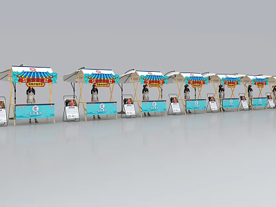 Outdoor Tables with Colorful Canopies and Blue Panels in a Row for Outdoor Display Setup 3d model