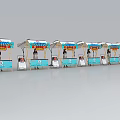 Outdoor Tables with Colorful Canopies and Blue Panels in a Row for Outdoor Display Setup