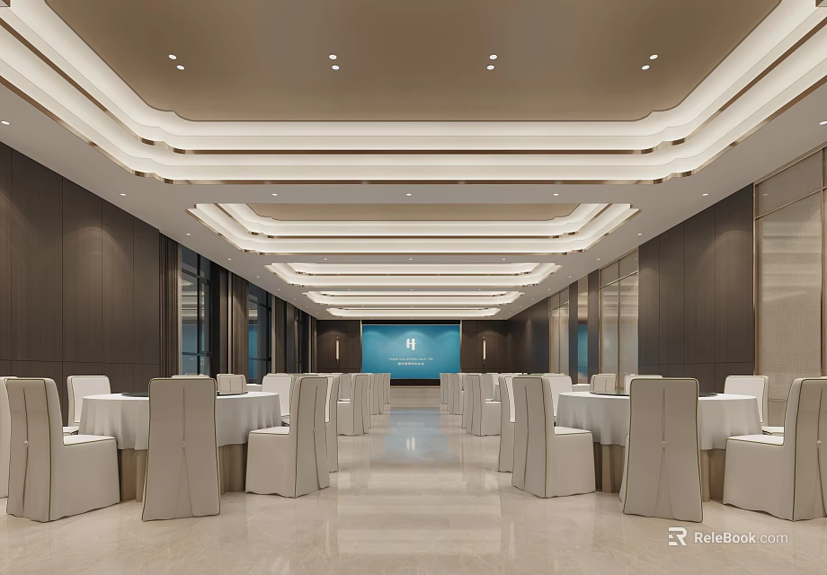 Modern Elegant Banquet Hall Interior With Tiered Ceiling Marble Floor And Neatly Arranged Banquet Furniture 3d model 