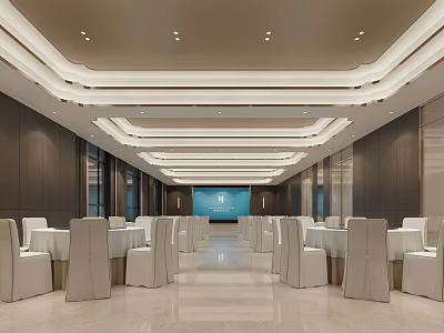 Modern Elegant Banquet Hall Interior With Tiered Ceiling Marble Floor And Neatly Arranged Banquet Furniture 3d model