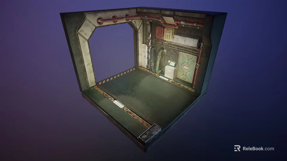 Industrial Sci Fi Room Interior With Metal Walls Control Panels And Warning Stripes 3d model 