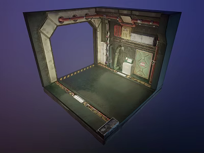 Industrial Sci Fi Room Interior With Metal Walls Control Panels And Warning Stripes 3d model
