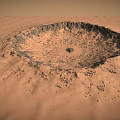 Mars Landscape Featuring Large Crater With Sandy Terrain And Rocky Edges