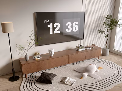 Modern Wooden TV Stand With TV Above Decorative Items And Stuffed Duck On Rug 3d model