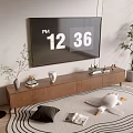 Modern Wooden TV Stand With TV Above Decorative Items And Stuffed Duck On Rug