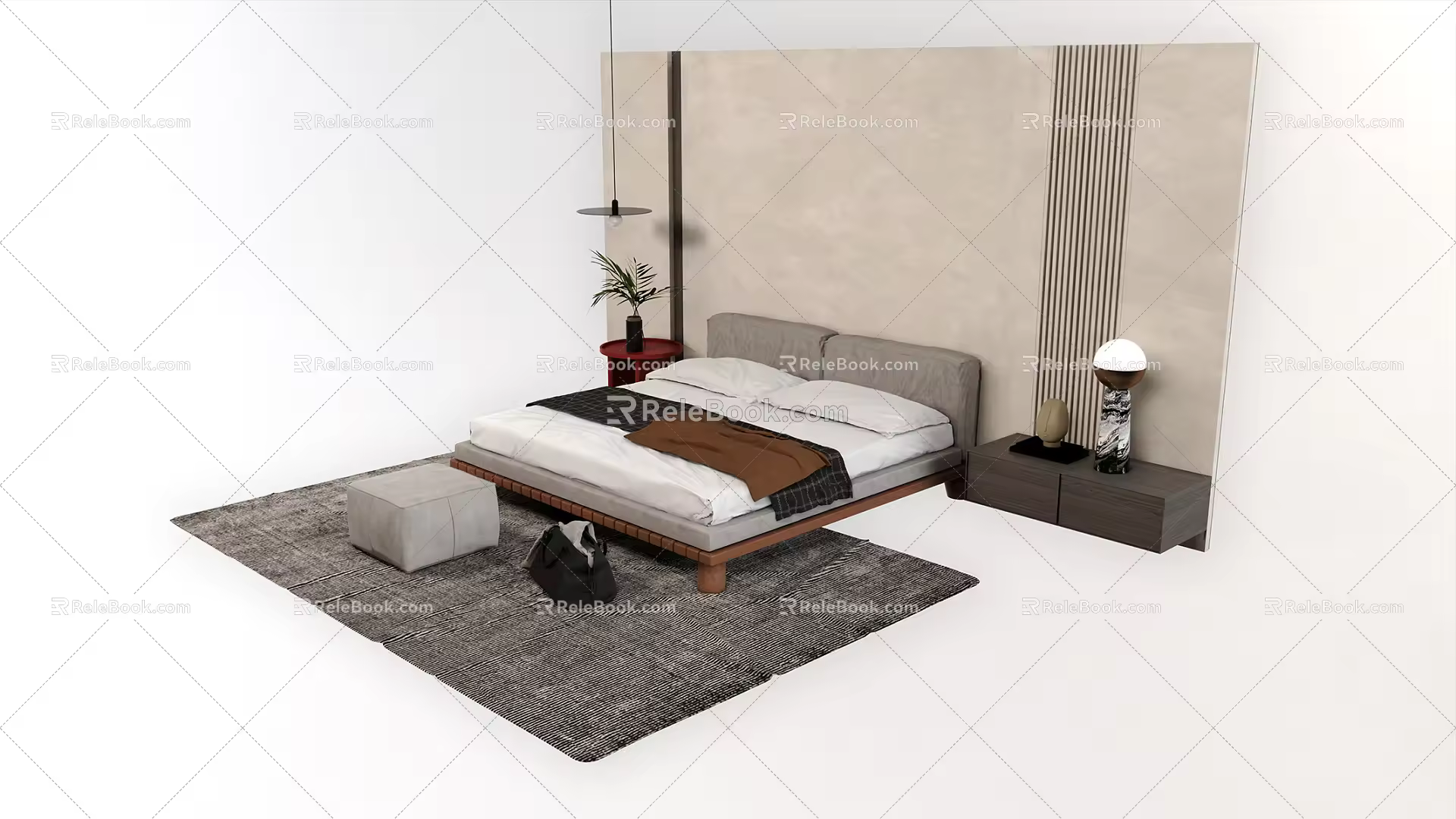 Silent background double bed cream double bed bedside table background wall 3d model