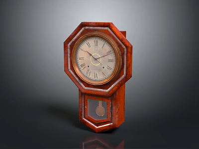 Elegant Classic Vintage Octagonal Wooden Clock with Roman Numerals and Pendulum 3d model