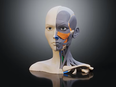 3D Human Head Anatomy Model With Half Face Muscle And Skeletal Structure 3d model