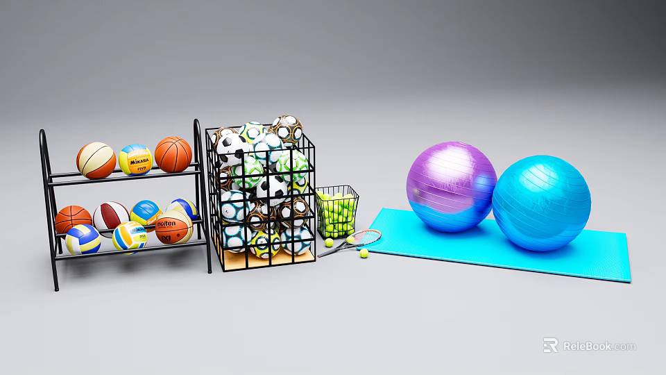 Sports Equipment Display With Various Balls Ball Rack Fitness Balls Exercise Mat And Badminton Rackets 3d model 