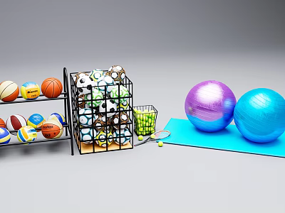Sports Equipment Display With Various Balls Ball Rack Fitness Balls Exercise Mat And Badminton Rackets 3d model