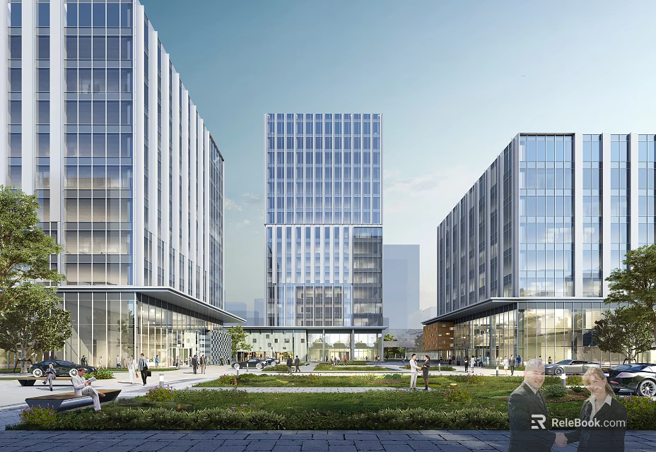 Modern Office Building Exterior With Glass Curtain Walls And Landscaped Plaza Pedestrians 3d model 