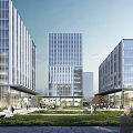 Modern Office Building Exterior With Glass Curtain Walls And Landscaped Plaza Pedestrians