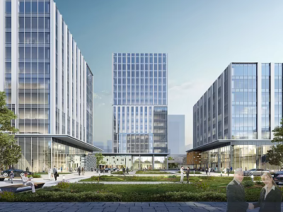 Modern Office Building Exterior With Glass Curtain Walls And Landscaped Plaza Pedestrians 3d model