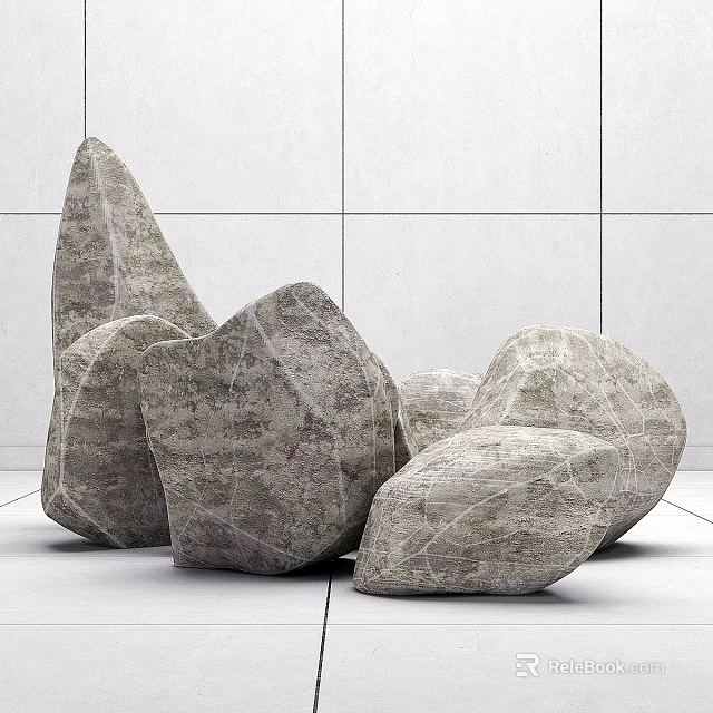 Natural Gray Irregular Stones Decorative Pile Against White Tile Wall and Floor Background 3d model 