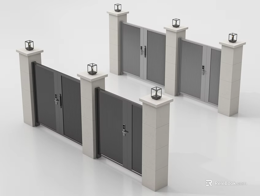 Modern Double Gates With Stone Pillars And Decorative Lamps 3d model 