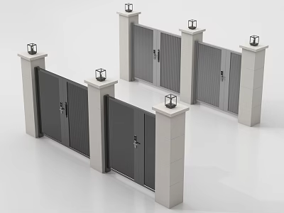 Modern Double Gates With Stone Pillars And Decorative Lamps 3d model