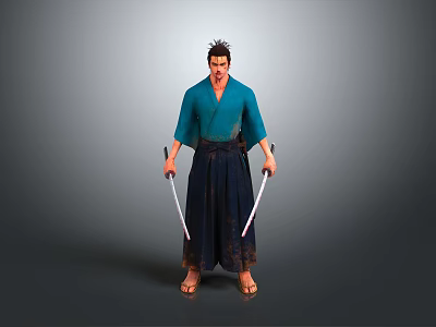 Character In Blue Kimono Holding Two Swords With Spiky Hair Standing 3d model