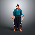 Character In Blue Kimono Holding Two Swords With Spiky Hair Standing