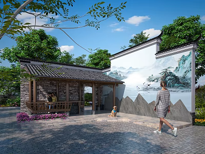 Traditional Chinese Courtyard With Ancient Architecture Landscape Mural Greenery And Figures 3d model