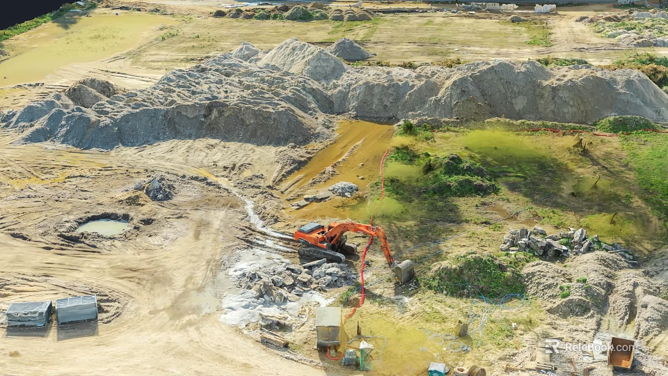 Construction Site With Excavator Dirt Mounds Muddy Puddles And Green Vegetation 3d model 