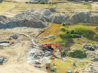 Construction Site With Excavator Dirt Mounds Muddy Puddles And Green Vegetation 3d model