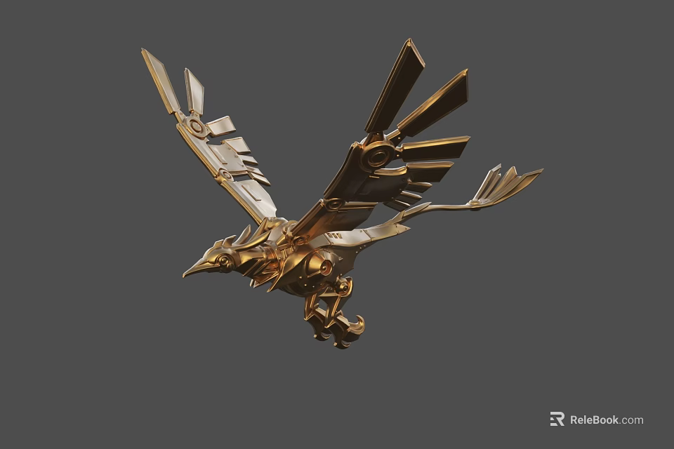 Golden Flying Bird Sculpture Intricate Metal Carving With Detailed Wings And Structural Design 3d model 