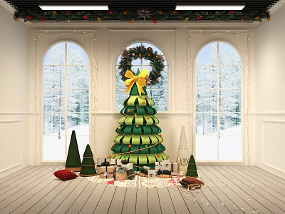 Festive Christmas Photo Spot With Green Tree Yellow Bow Gifts Arched Windows And Snow 3d model