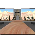 Large Screens Show Desert Landscape With Teepee Structure Cacti Plants And Bench Seating