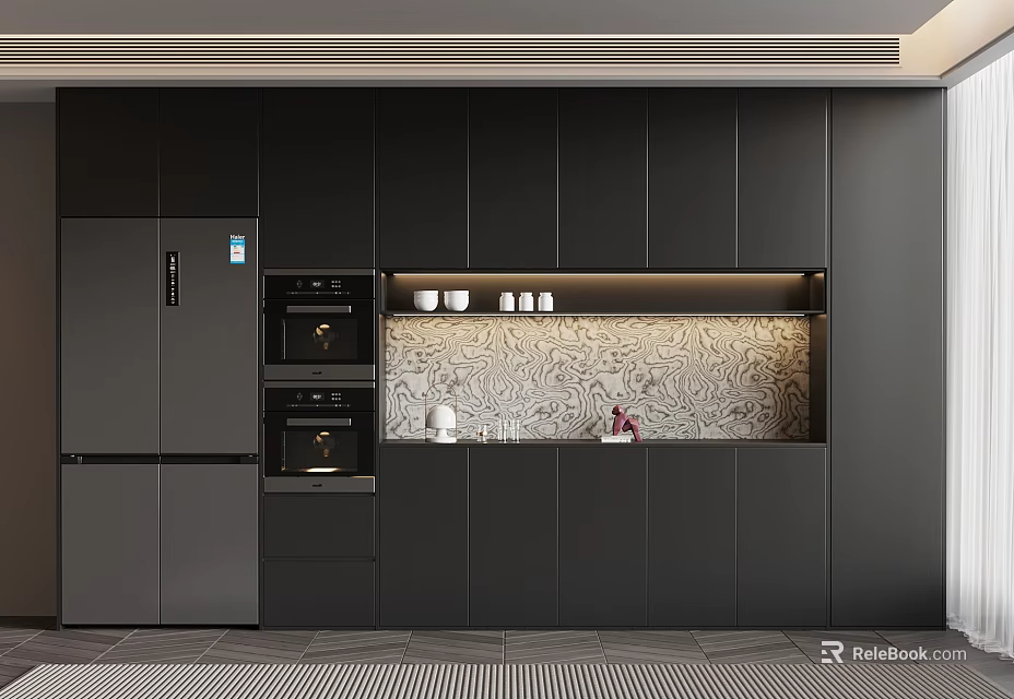 Modern Wine Cabinet Interior Design in Open Kitchen With Sleek Shelves And Ambient Lighting 3d model 