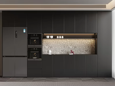 Modern Wine Cabinet Interior Design in Open Kitchen With Sleek Shelves And Ambient Lighting 3d model