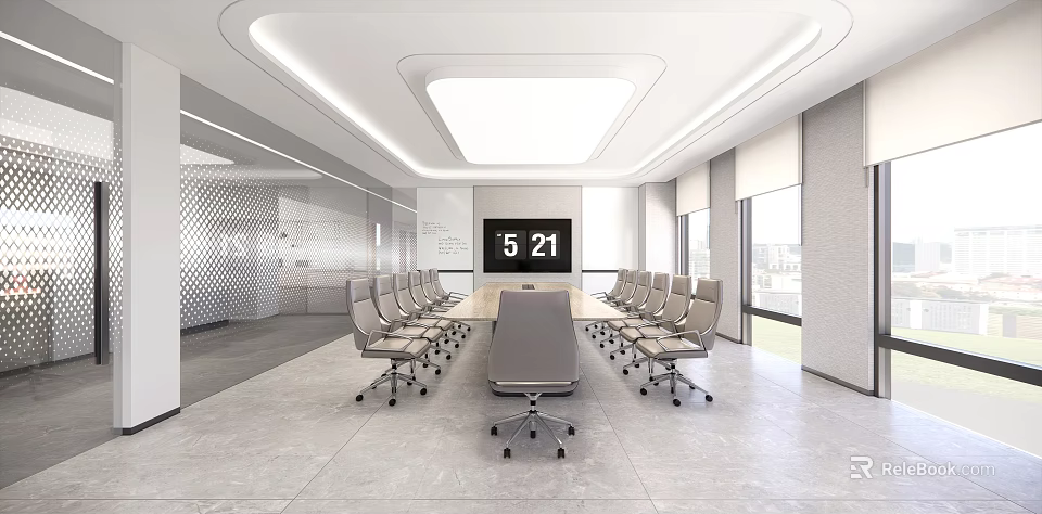 Modern Conference Room Interior With Long Table Multiple Chairs And Digital Time 3d model