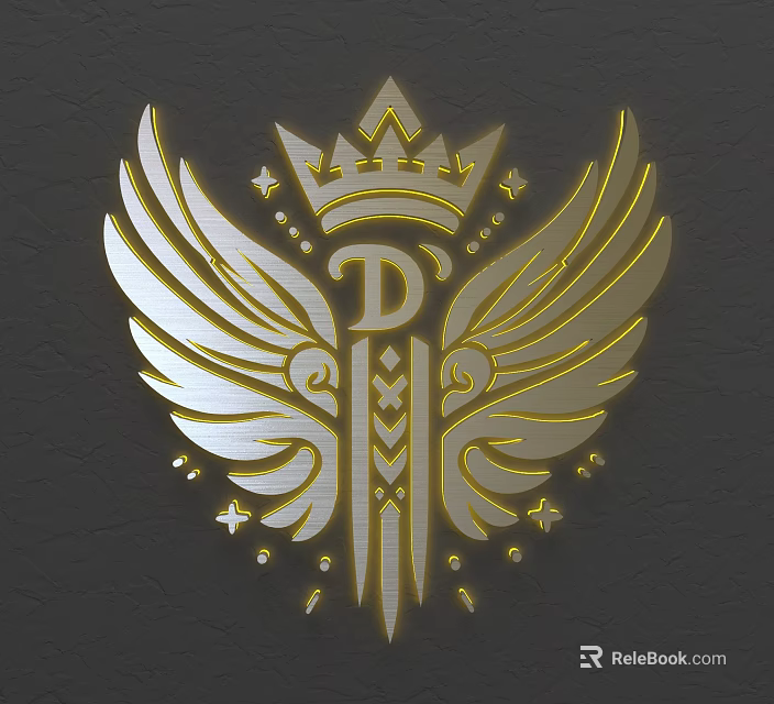 Elegant Wall Decor With Crown Wings Letter D Sword And Gold Silver Stars 3d model 