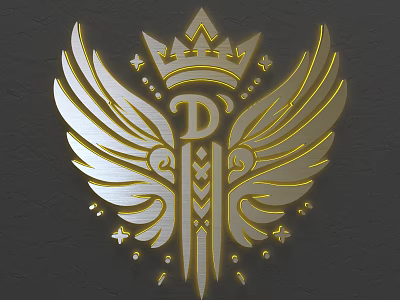 Elegant Wall Decor With Crown Wings Letter D Sword And Gold Silver Stars 3d model