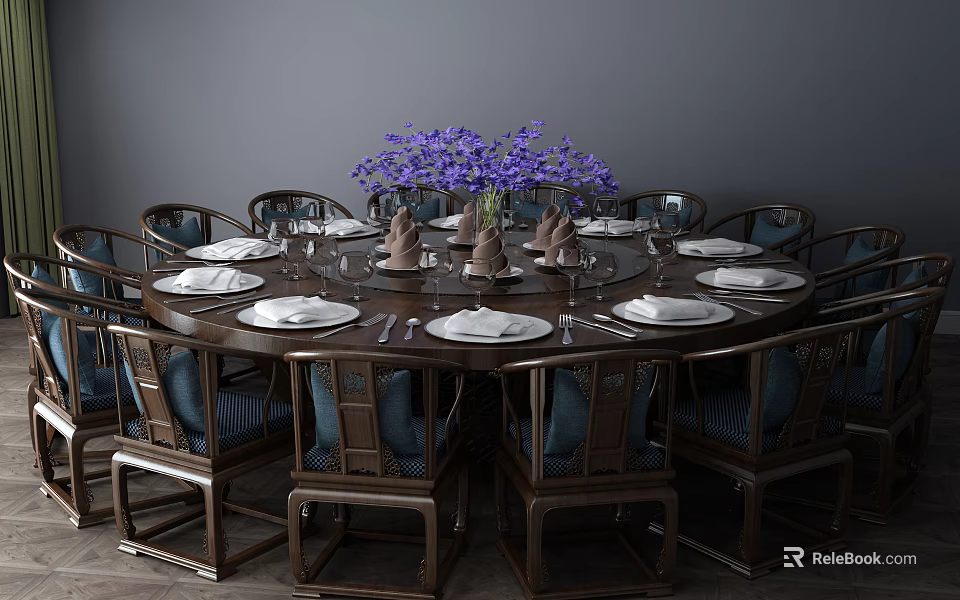 Elegant Modern Dining Table Set With Solid Wood Table Comfortable Chairs Tableware And Purple Flower Vase 3d model 