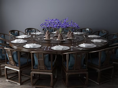 Elegant Modern Dining Table Set With Solid Wood Table Comfortable Chairs Tableware And Purple Flower Vase 3d model