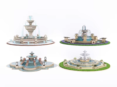 Various Design Style Fountains With Ornate Structures And Garden Landscaping 3d model
