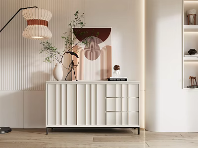 Modern Entryway Side Cabinet With White Drawers Doors And Decorative Plant 3d model