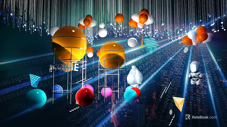 Futuristic Photo Check-in Spot With Hanging Colorful Spheres Glowing Lines And Geometric Shapes 3d model 
