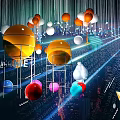 Futuristic Photo Check-in Spot With Hanging Colorful Spheres Glowing Lines And Geometric Shapes