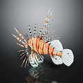 Vibrant Lionfish With Red Orange Stripes And Long Spiny Fins On Black Background