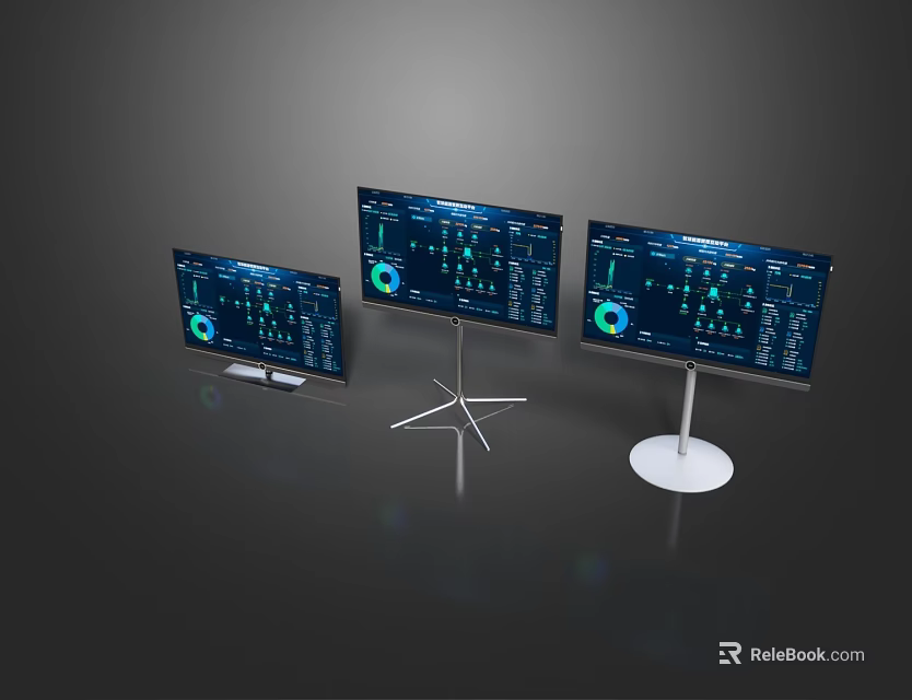 Modern Computer Monitors With Adjustable Stands And Data Visualization Screens 3d model 
