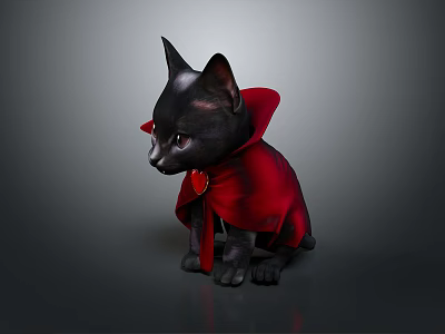 Adorable Black Cat In Red Cape With Heart Shaped Accessory Standing On Gray Background 3d model
