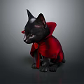 Adorable Black Cat In Red Cape With Heart Shaped Accessory Standing On Gray Background