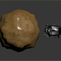 Rough Textured Orange Sphere Next to Small Black Beetle on Dark Reflective Surface 3d model