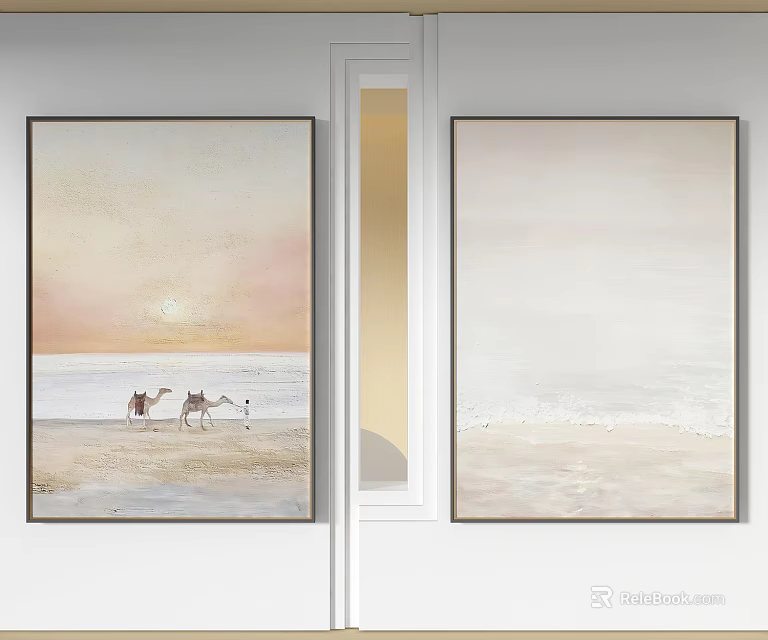 Two Beach Themed Paintings With Camel Sunset And Ocean Wave Scenes 3d model