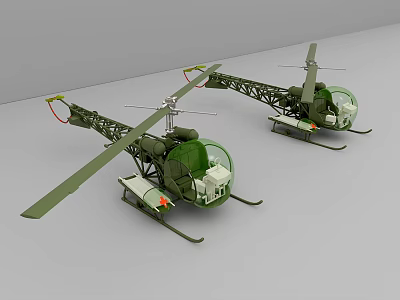 Two Green Military Helicopter Models With Rotors And Equipment Details 3d model
