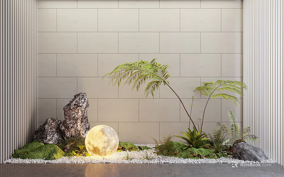 Indoor Landscape With Beige Tile Wall Large Rock Glowing Moon Lamp And Green Fern Plants 3d model 